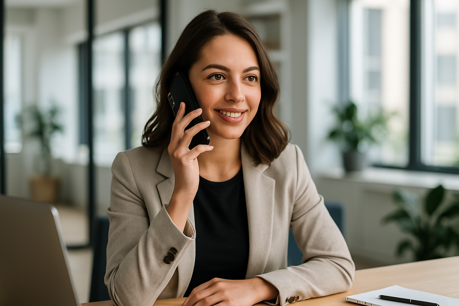Junge Businessfrau telefoniert professionell im modernen Büro